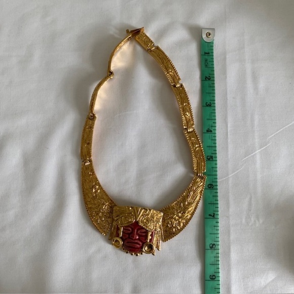 Signed Salvador Marbel Mexico 22K Gold Plated Mayan Carved Ceramic Face Set - Picture 7 of 7